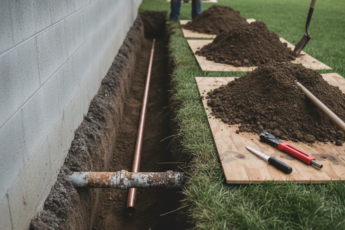 Excavated water line trench during Water Heater Repair in East Hickory